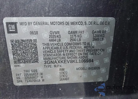 2019 Chevrolet Equinox Lt из США, поврежденный, VIN 3GNAXKEV8KL106984